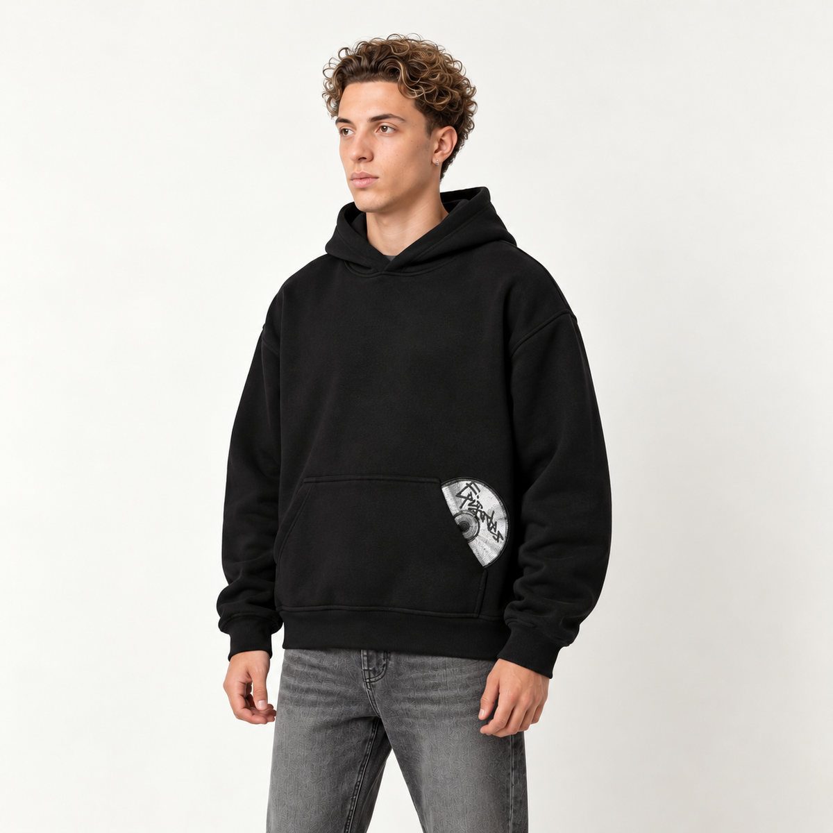 Embroidered Streetwear Essentials - Black Hoodie - side
