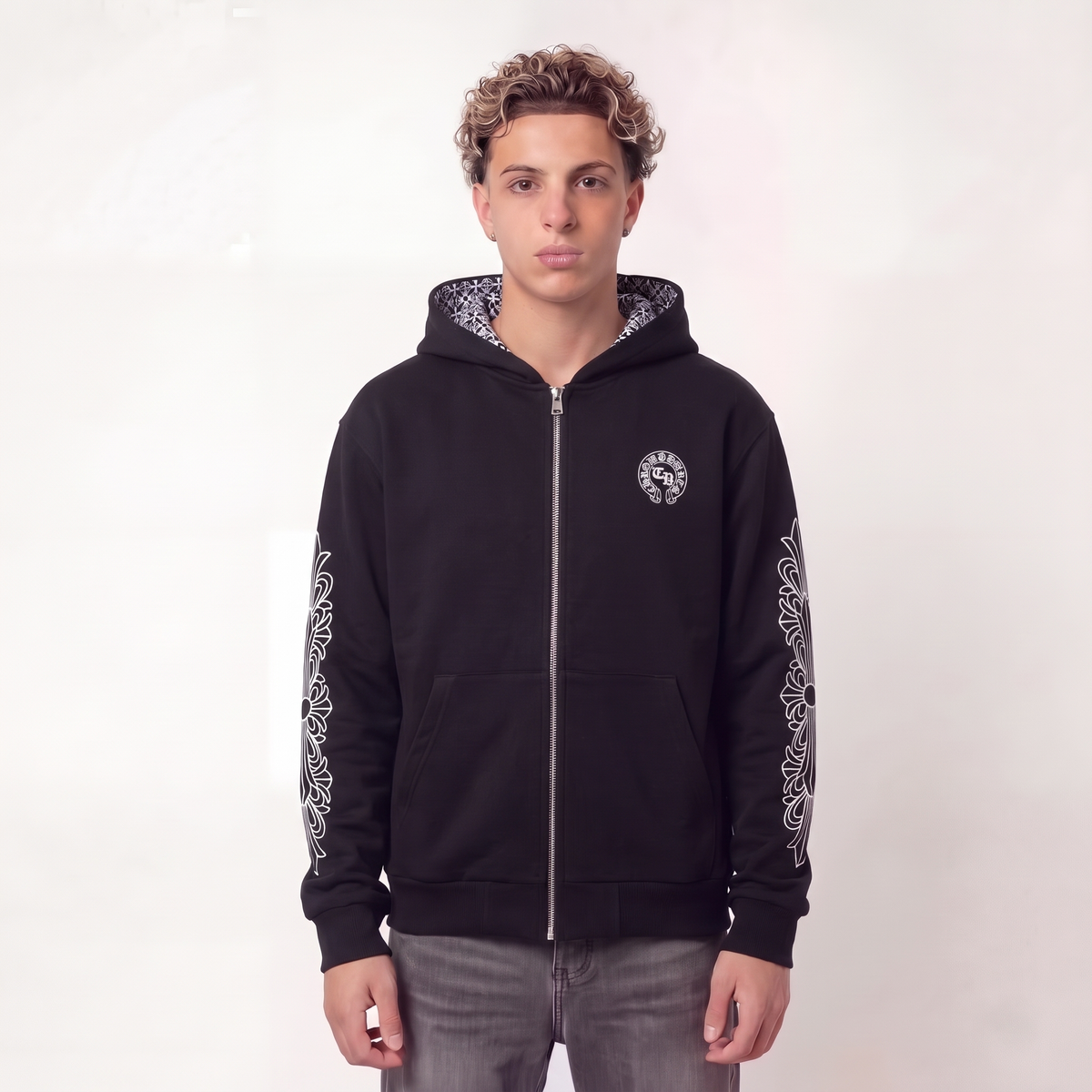 Black FLORA — ZIP HOODIE on model