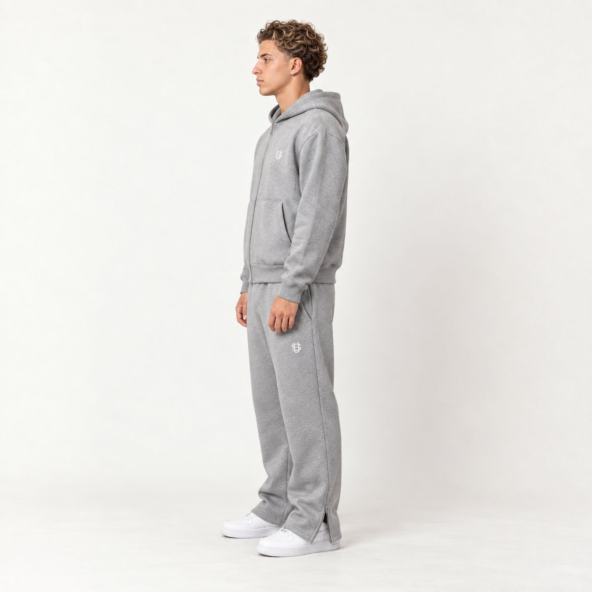 SOVEN zip flare tracksuit Grey-side on model