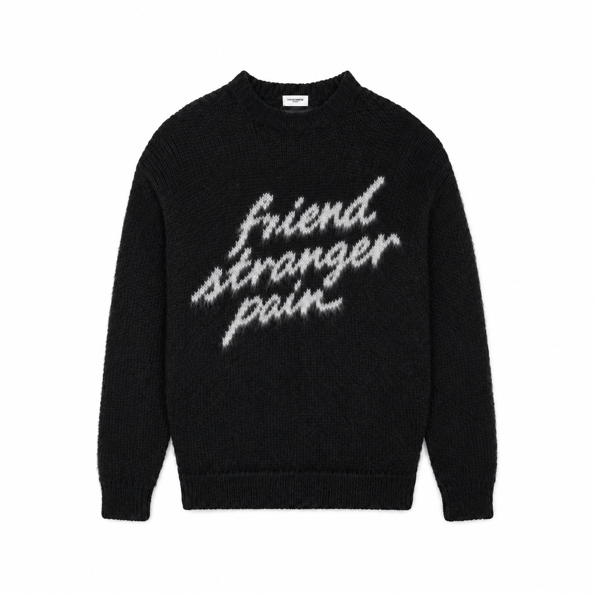 STRANGER black knit sweater, front, friend stranger pain