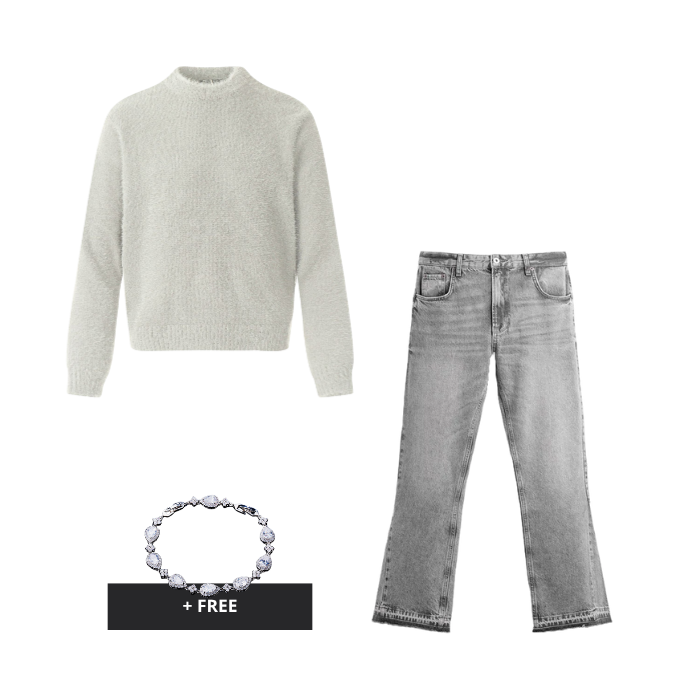 Light gray sweater, gray jeans, and bracelet on a white background