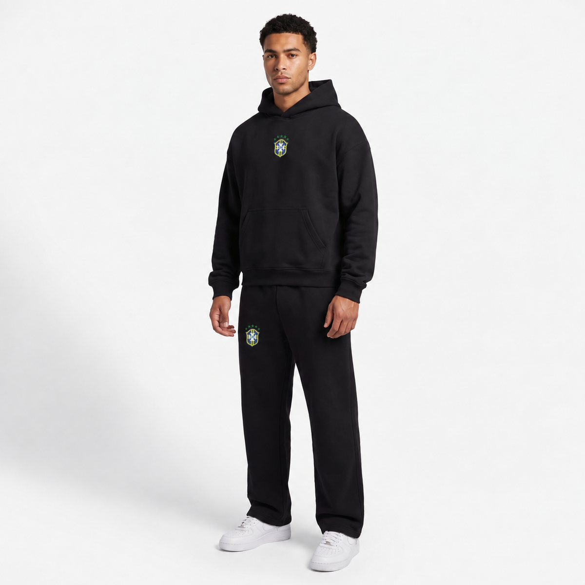 BRASIL black hoodie and trouser set on model