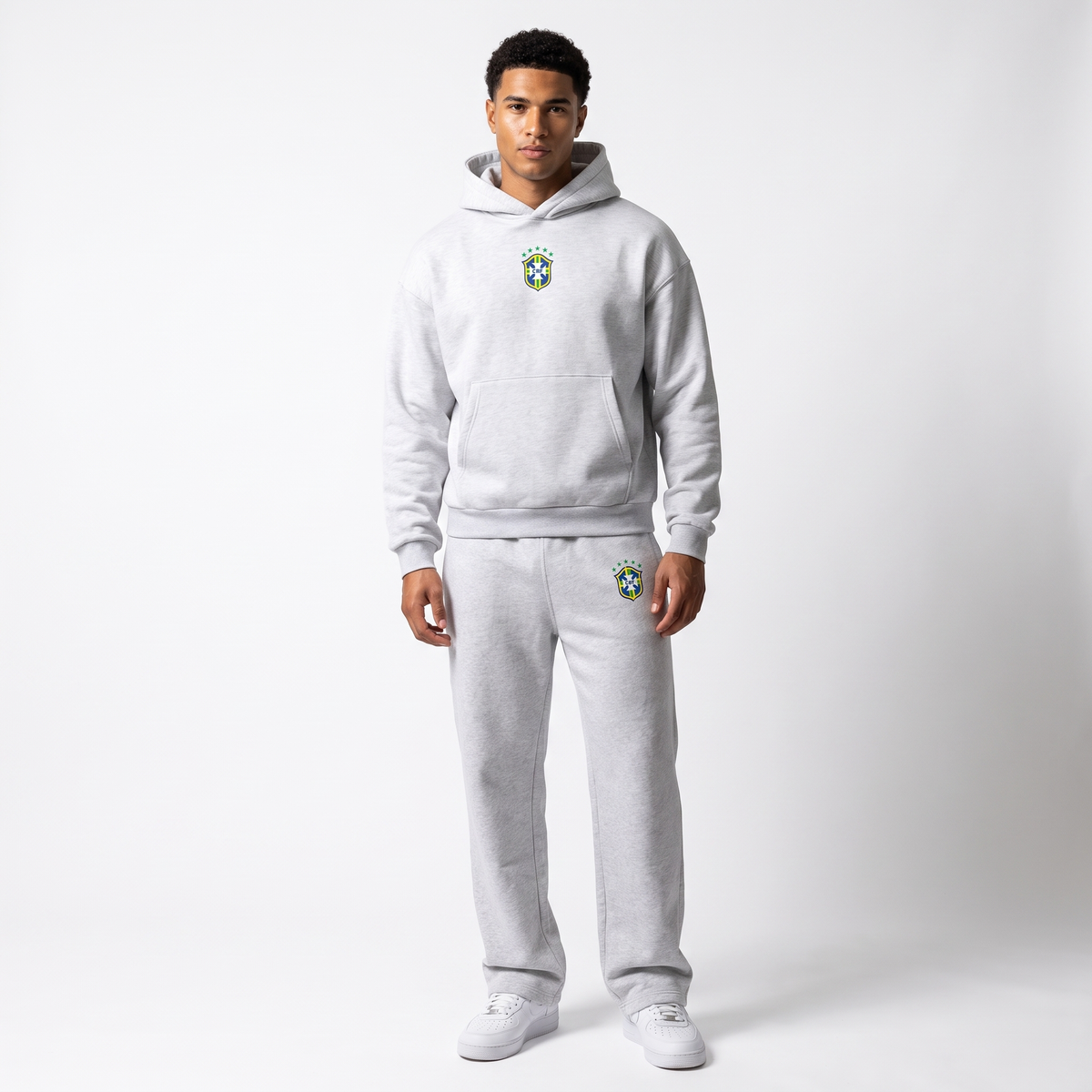 BRASIL grey tracksuit styled on model, front view