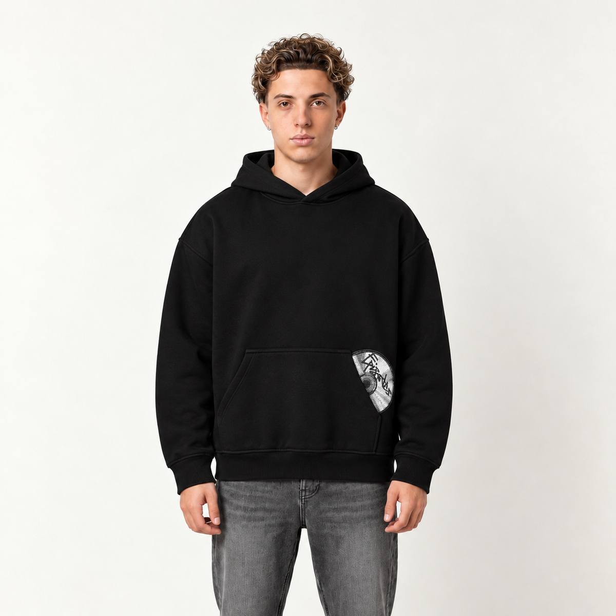 Embroidered Streetwear Essentials - Black Hoodie - front