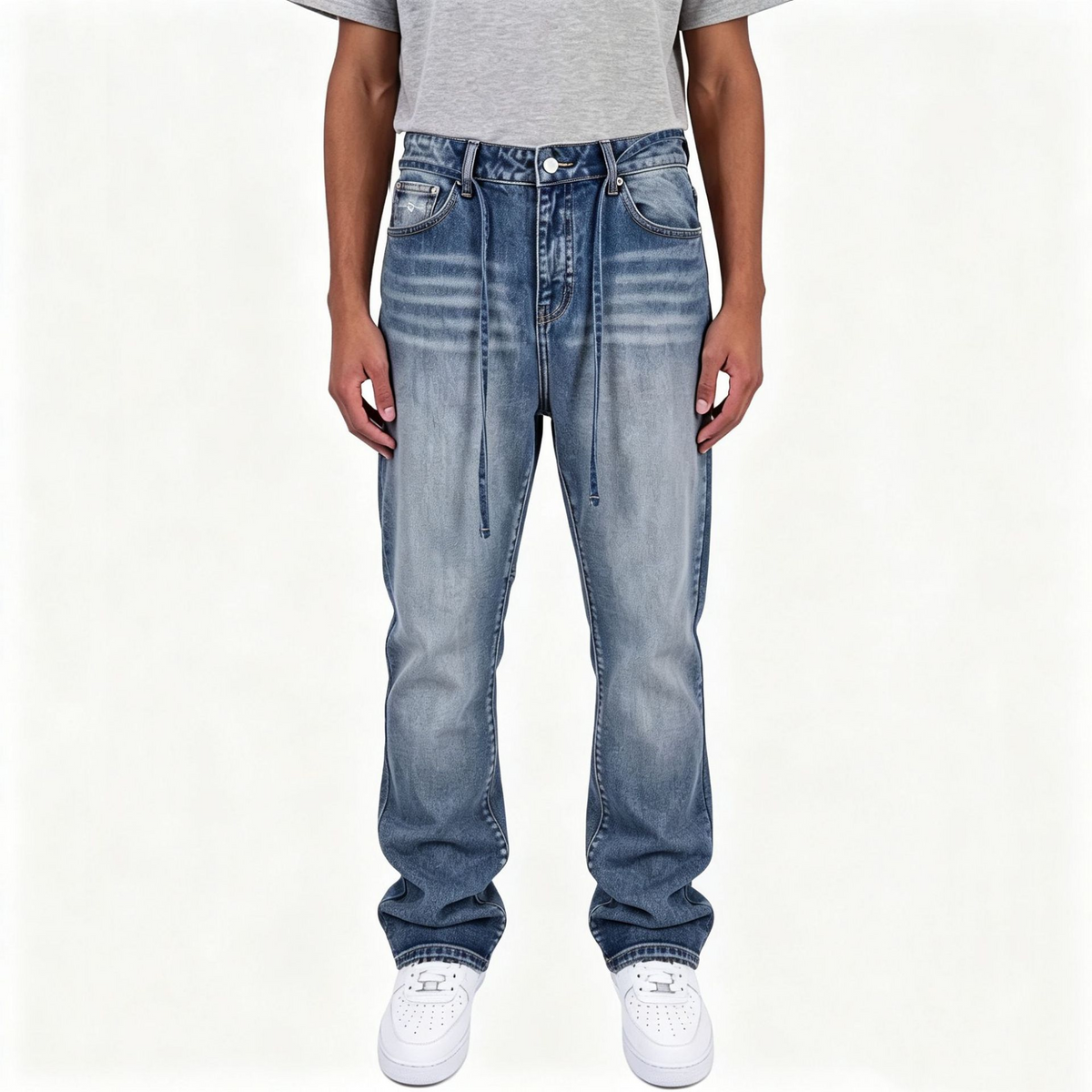 Itsuki washed blue denim worn on model