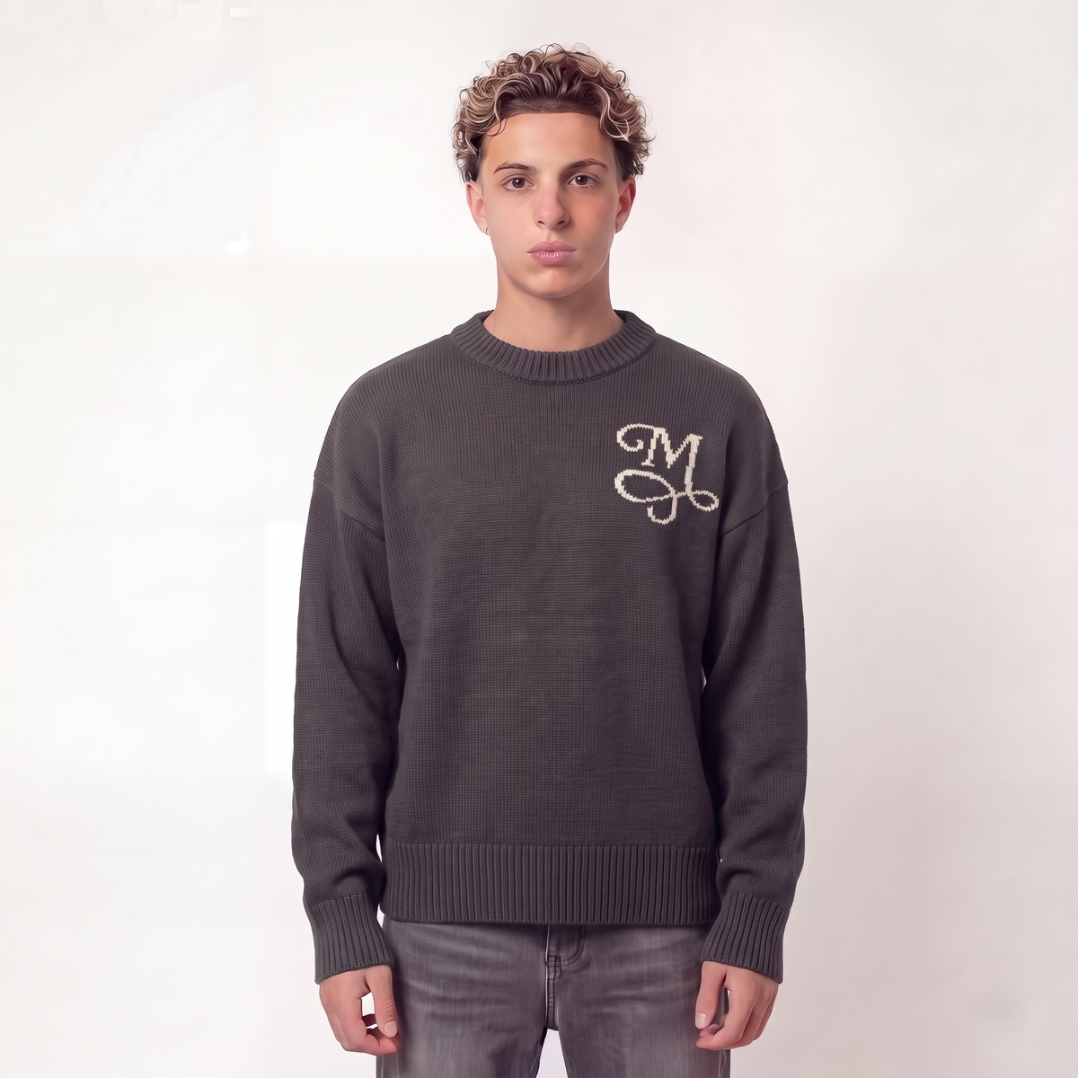 Dark Grey MELO – KNIT SWEATER on model