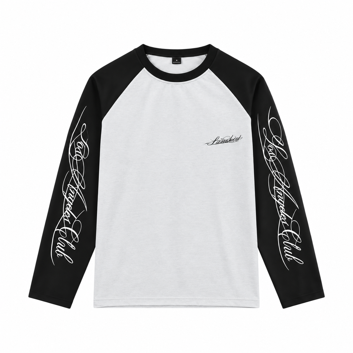 script raglan front product photo