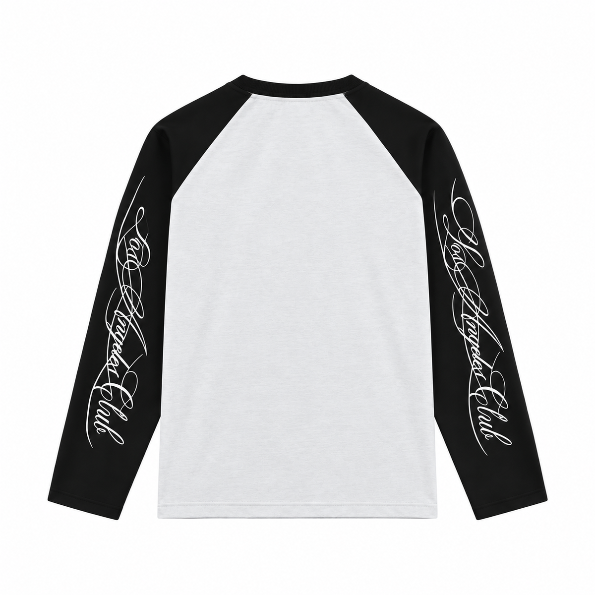 SCRIPT RAGLAN — LONG SLEEVE White / Black back - AI concept, supplier verification pending
