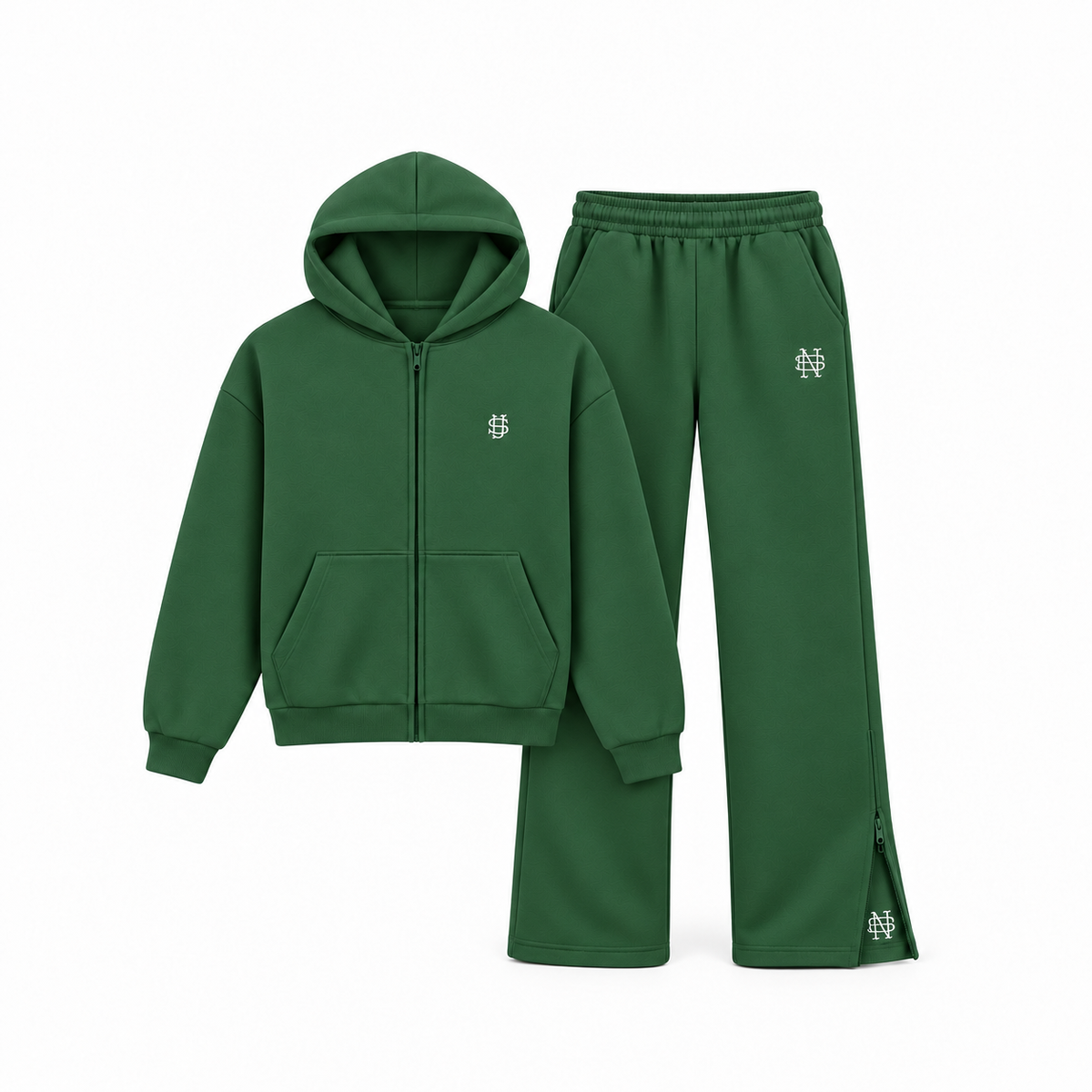 SOVEN green tracksuit with straight-leg jogger and open ankle zipper