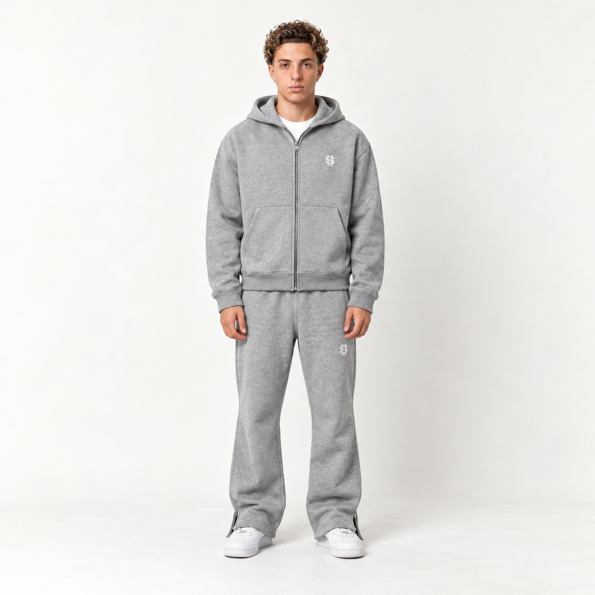 SOVEN zip flare tracksuit Grey-front on model