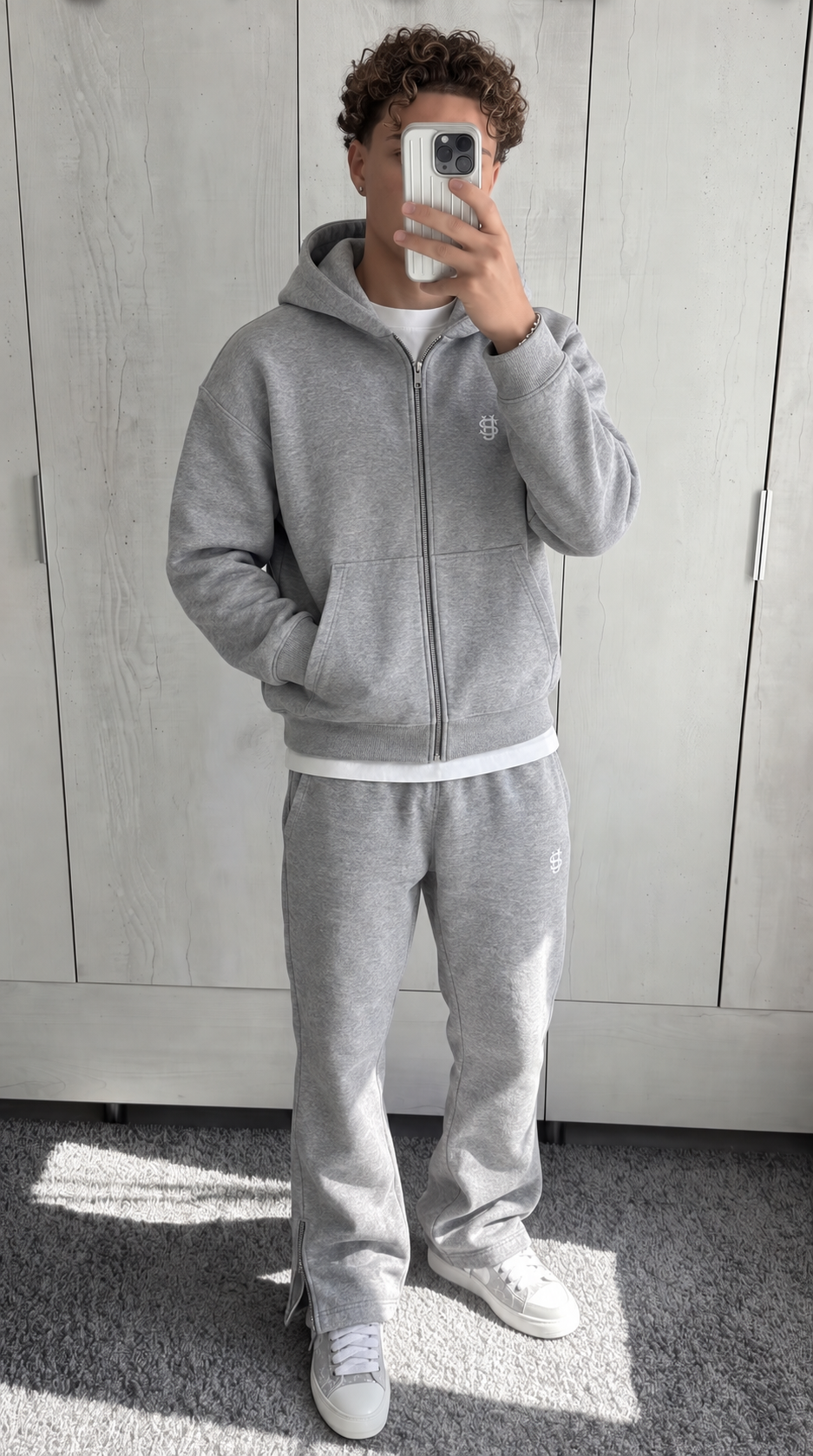 SOVEN grey tracksuit mirror outfit with open ankle zips